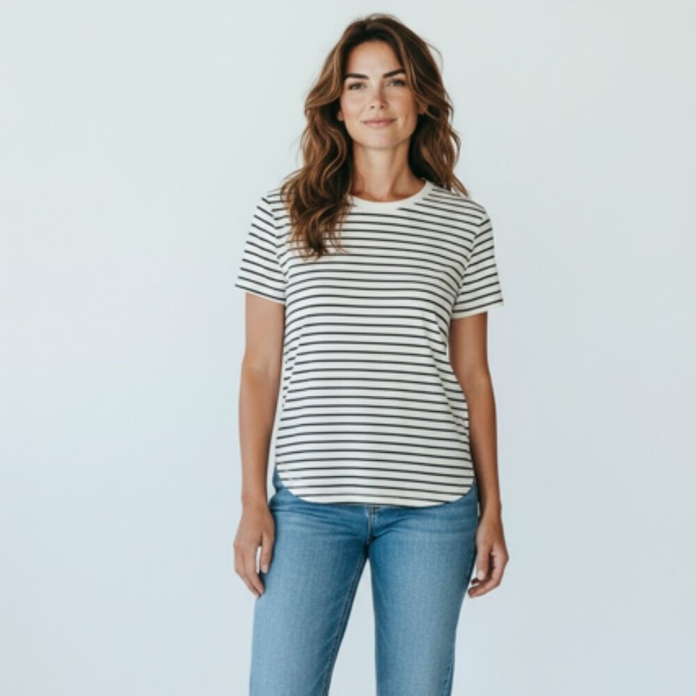 A New Day Short Sleeve Round Neck Pull Over Shirt-Size L-White/Black Pinstripes